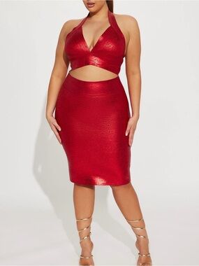 Fashion Nova Red Metallic Halter Cutout Midi Dress